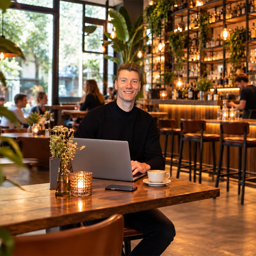 Jelle de Jong, webdesigner uit Balk, aan het werk op zijn laptop